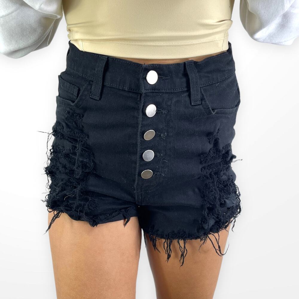 APHRODITE Black Raw Hem High Rise Button Fly Stretch Shorts - Picture 6 of 6